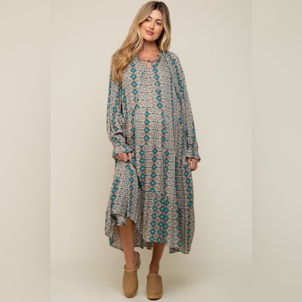 Easel Paisley Mint Green Printed Long Sleeve Gauze Maxi Dress - Picture 8 of 10